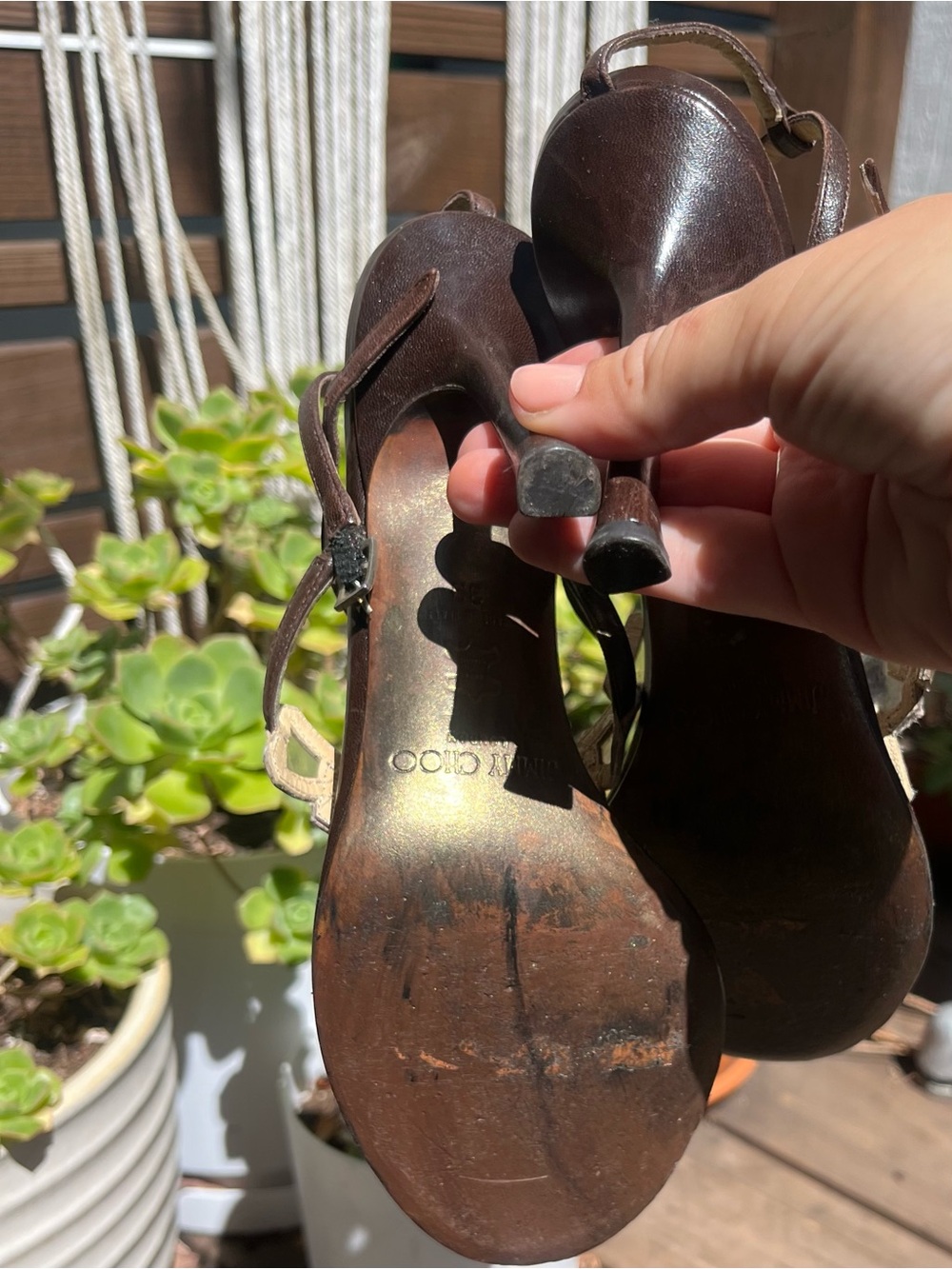 Vintage Y2K Jimmy Choo - Brown and Gold Strappy Sandal Heel - Picture 5 of 5